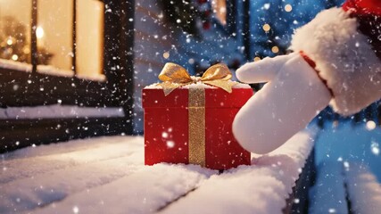 Santa man placing a red Christmas gift box on a snowy railing with falling snow for holiday season. - Powered by Adobe
