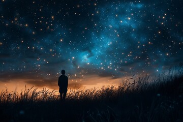 Person standing in a field under a starry sky with galaxy view