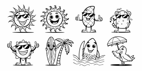 Collection of eight cartoon characters enjoying summer vacation with sunglasses and beach themes
