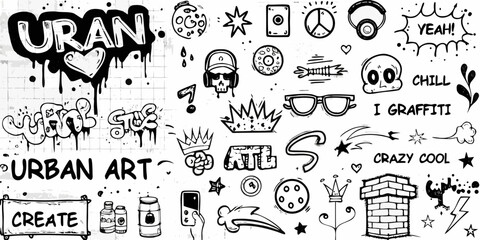 Collection of urban art graffiti elements and doodles including skulls crowns and text