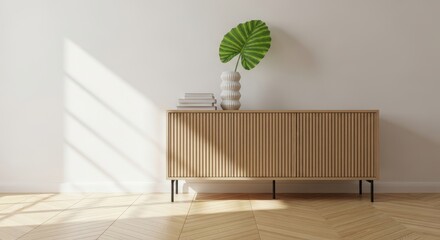 Minimalist interior design with a wooden sideboard and a green plant, bathed in natural light casting shadows on the wall and floor