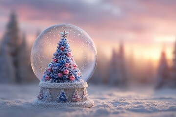 Miniature festive tree inside a glass sphere rests on a snowy ground during twilight
