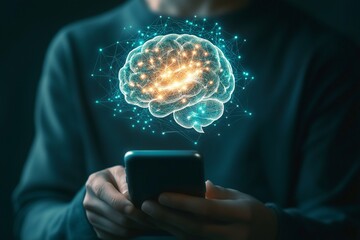 Person holding a smartphone with a glowing brain model above it