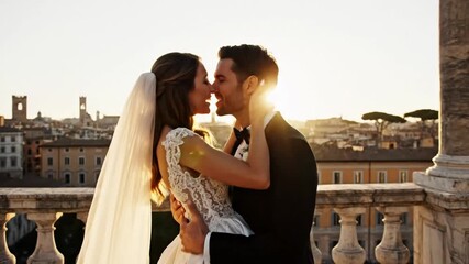 Romantic Embrace A Newlywed Couple Shares a Tender Moment in Italy