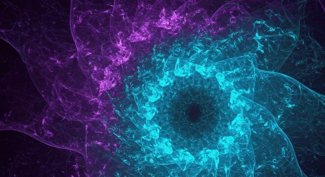 Dynamic luminous energy swirls create an abstract floral pattern in deep space