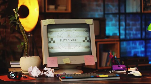 Please stand by message on glitchy computer screen, connection cutoff, 90s style