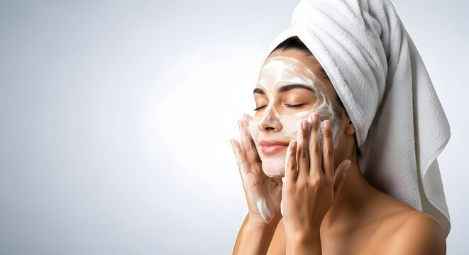 Young woman applying foamy face mask or cleanser for a refreshing skincare routine, enjoying a moment of self-care and relaxation