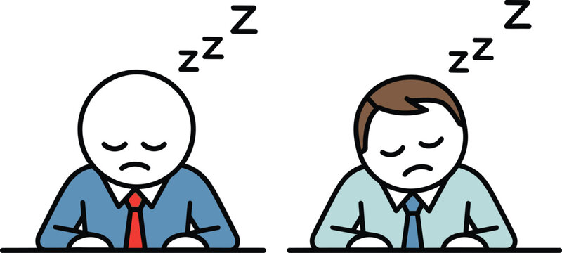 Two cartoon businessmen in suits sleeping at their desks with zzz symbols indicating deep slumber and exhaustion