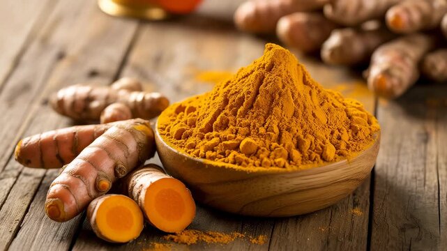 Vibrant turmeric powder in wooden bowl with fresh roots on rustic surface healthy spice 4K Ai HD high quality video.	
