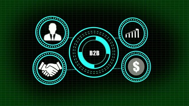 B2 B Business Model Concept with Icons and Glowing Blue Circles on Dark Grid handshake