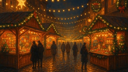 Obraz premium Festive market lights winter evening desktop wallpaper
