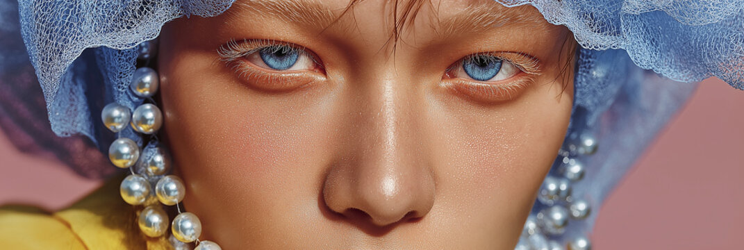 Intense close-up of a woman with piercing blue eyes, draped in blue netting and pearl earrings. A high-fashion editorial shot with a dramatic gaze.