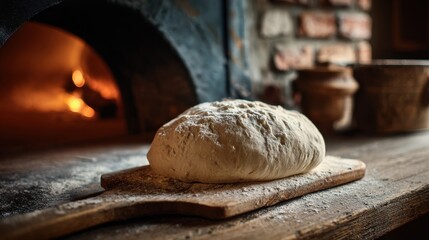 A ball of kneaded dough rests on a wooden board in a cozy kitchen. The warm glow of a brick oven illuminates the scene, creating a homely atmosphere.