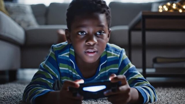 Young boy enthusiastically playing a video game on the floor with a controller in his hands
