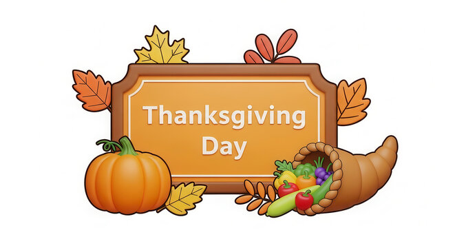 Thanksgiving Day celebration illustration featuring a vibrant cornucopia filled with colorful vegetables, a bright orange pumpkin, and autumn leaves, symbolizing gratitude and harvest abundance