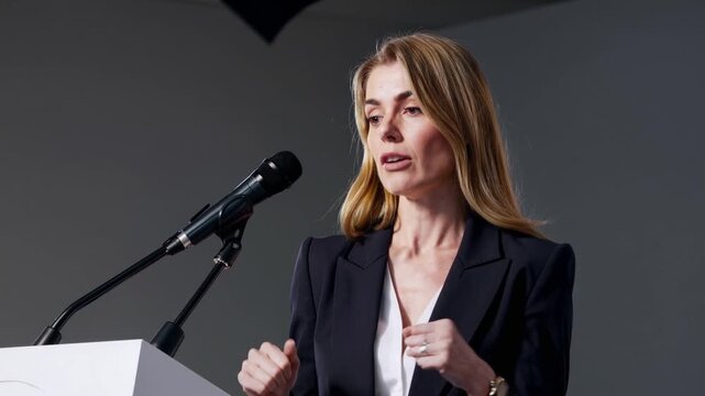 white woman speaking at podium microphone delivering passionate corporate address; blonde executive in dark