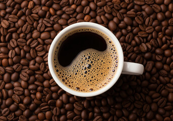 Top view of a white cup of fresh black coffee with foam on a background of roasted coffee beans.
