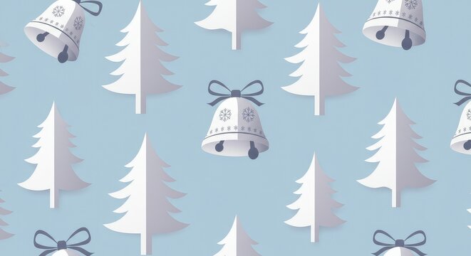 Elegant Christmas Pattern: Paper Cut Trees and Bells on Light Blue Background - Powered by Adobe