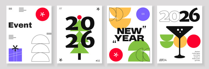 Set of 2026 New Year posters with abstract geometric shapes, bold typography, holiday icons like gifts, cocktails, and trees. Clean, minimal design with modern layout.