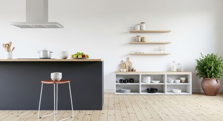 Fototapeta premium Modern kitchen interior with a dark island, stainless steel hood, open shelving, and wooden floor, bright and airy