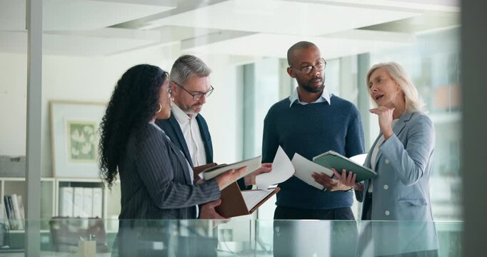 Business, advice or people in office with tablet, discussion or task agenda for project. Digital, document or operations manager in agency with tech, guidance or team coordination in report review.