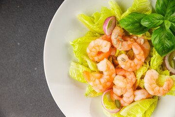 Shrimp salad seafood tasty snack fresh delicious gourmet food background on the table rustic top view copy space keto and paleo diet vegetarian food pescetarian diet