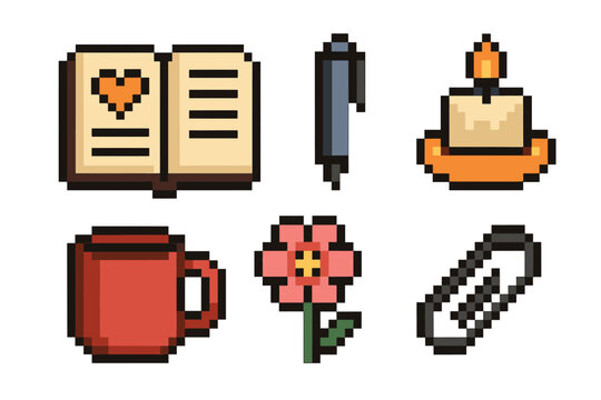 A set of six pixel art icons featuring an open book with a heart, a blue pen, a lit candle, a red mug, a pink flower, and a paperclip.