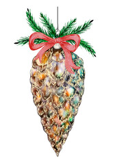 Holiday Decorative pine cone with gold glitter, ribbon, pine needles. Glittering pine cone Christmas ornament with gold sparkle, red ribbon, and green pine branches hanging decoration