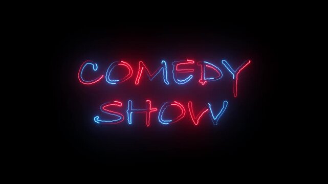 Comedy Show text font with neon light animation. Luminous and shimmering haze inside the letters of the text Comedy Show.