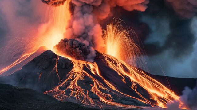 Fiery Volcano Eruption Molten Lava Flowing Down Mountain Side Explosive Ash Cloud Pyroclastic 4K Ai HD high quality video.	
