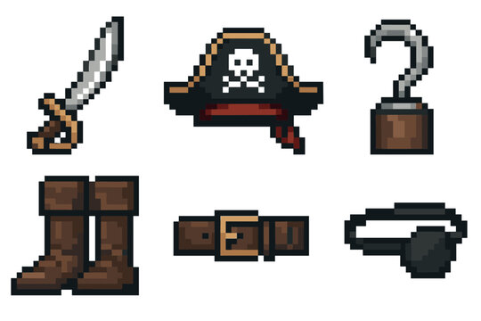 Pixelated icons of a pirate ensemble featuring a sword, tricorn hat with skull, hook hand, pair of boots, belt, and eye patch.