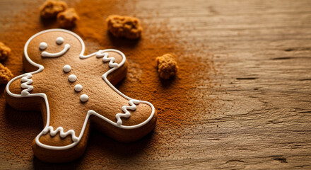 Gingerbread cookie decorated with icing on wooden surface  