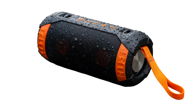 Durable waterproof portable Bluetooth speaker in black with vibrant orange accents, featuring visible water droplets, presented isolated on transparent background
