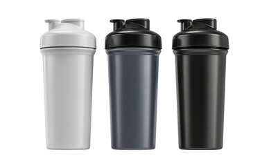Three Shaker Bottles White Gray Black isolated on a transparent background