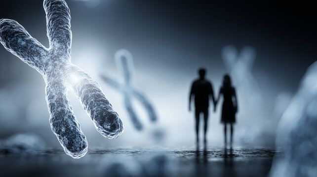 Chromosome standing beside a couple, representing genetics, hereditary risk, and family planning through DNA screening and counseling.
 - Powered by Adobe