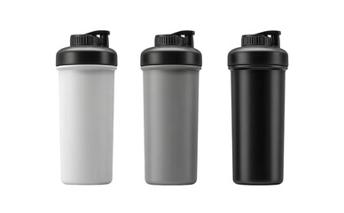 Three Shaker Bottles White Grey Black isolated on a transparent background