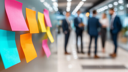 Office wall with sticky notes while a team discusses plans, symbolizing agile collaboration and project coordination.
