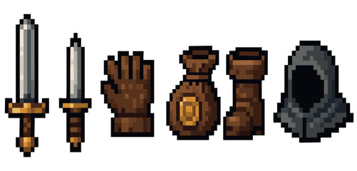 Pixel art depiction of a medieval gear set, including swords, gloves, boots, a belt, and a hood, representing fantasy or adventure themes.
