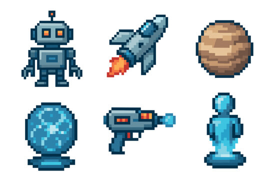 A collection of six pixel art space-themed icons including a robot, rocket, planet, force field, ray gun, and astronaut statue.