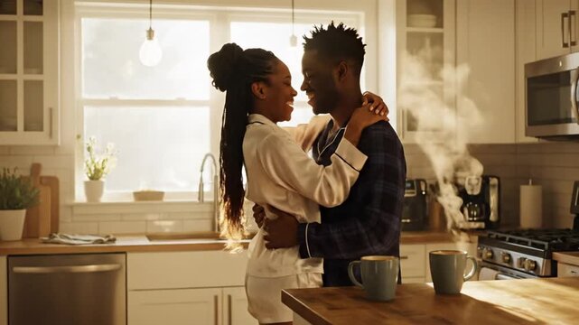 A couple embraces in their kitchen in the morning, sharing a warm moment over coffee as steam rises from their mugs