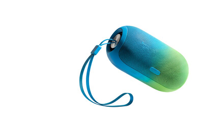 Vibrant portable wireless speaker featuring a blue to green color gradient and convenient carrying strap, ideal for on-the-go music enjoyment, isolated on transparent background