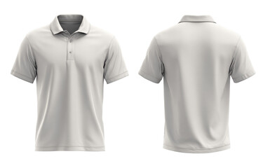 Front and back view of a plain, light gray polo shirt.  Short-sleeved, collared, and button-down.  Blank template for design