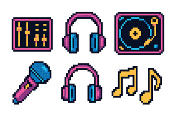 Pixel art graphics of music-related items including a microphone, headphones, a dj turntable, an equalizer, and music notes in vibrant colors.