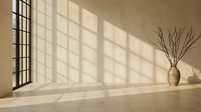 Serene interior scene bathed in warm sunlight casting geometric shadows across a minimalist room with a large window and decorative vase