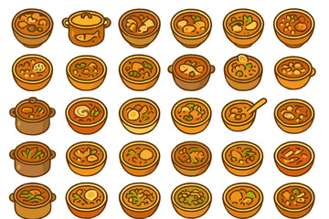 Seamless pattern with assorted cartoon soups and stews