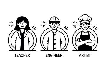 Icons representing a teacher, an engineer, and an artist illustrate different professions.