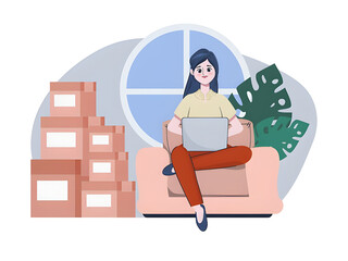 Woman using laptop on sofa, boxes, work from home, e-commerce now