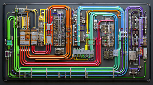 Intricate circuit board with colorful wires and components, showcasing technology and connectivity