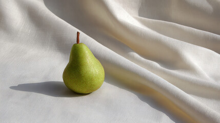fresh ripe pear rests elegantly against backdrop of soft linen fabric illuminated by ultrabright sunlight