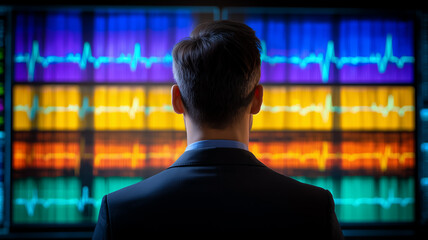 Analyst observing multi panel dashboards with pulse like charts, conveying real time performance tracking, data driven decisions, and operational intelligence for modern organizations.
